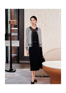 Classic Straight-Cut Mulberry Silk Knit Cardigan | White/Black