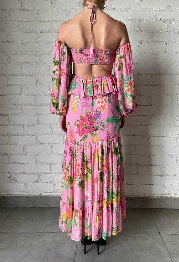 Off-The-Shoulder Viscose Long Dress | Pink/Multi