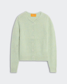 Mid-weight marled seaglass cardigan with front button closure, ribbed hem and cuffs, curved neck edge finish.