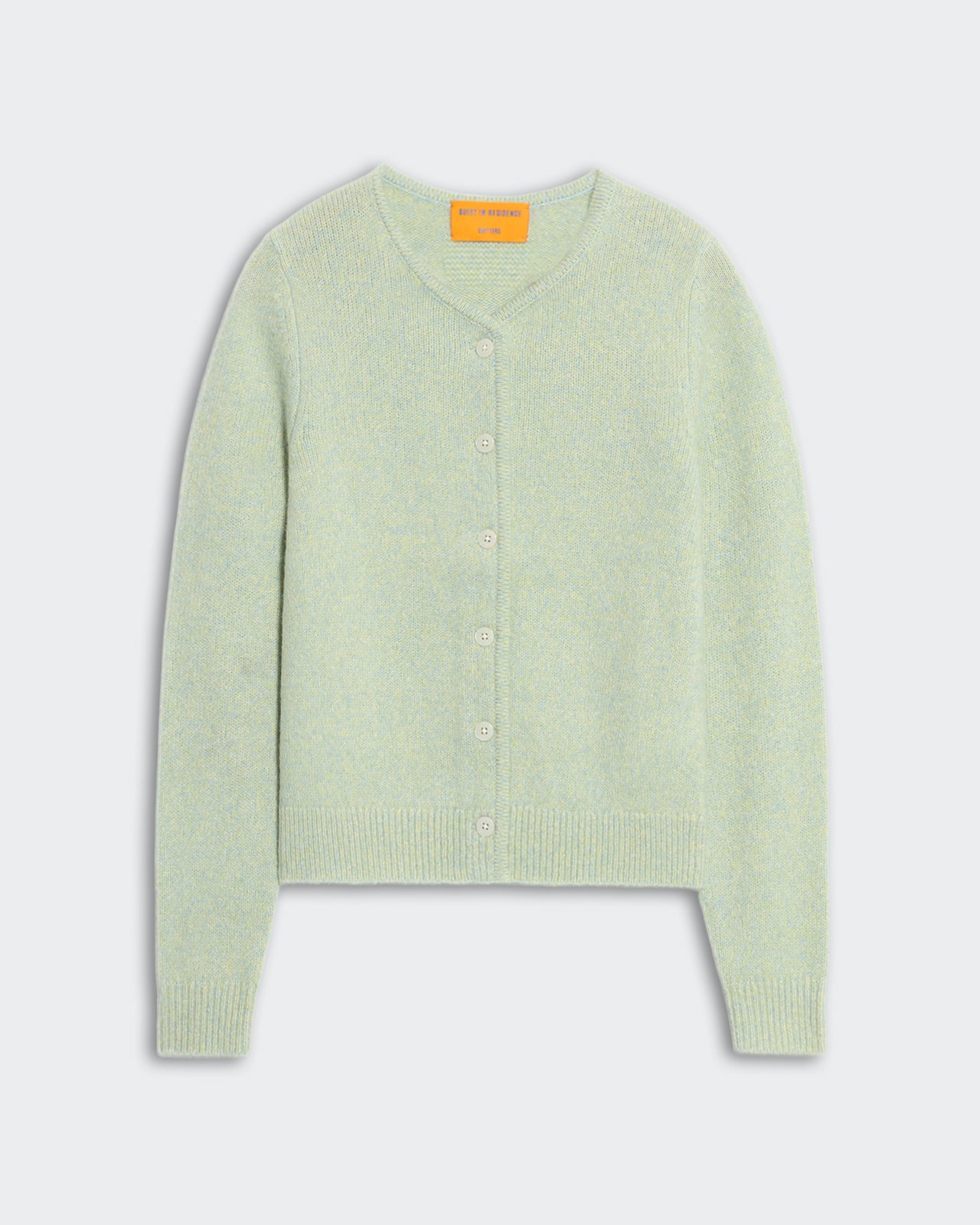 Mid-weight marled seaglass cardigan with front button closure, ribbed hem and cuffs, curved neck edge finish.