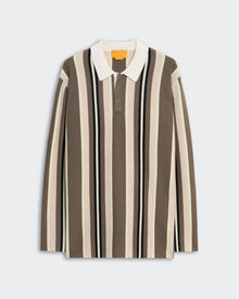 Striped Rugby - Cypress Combo, a long-sleeve rugby shirt featuring vertical stripes in shades of brown, beige, cream, and black, with a contrasting white collar, displayed flat on a neutral background.