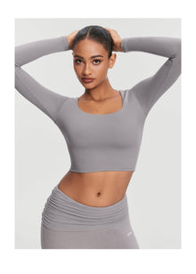 Cropped Round Neck Top | Cool Gray