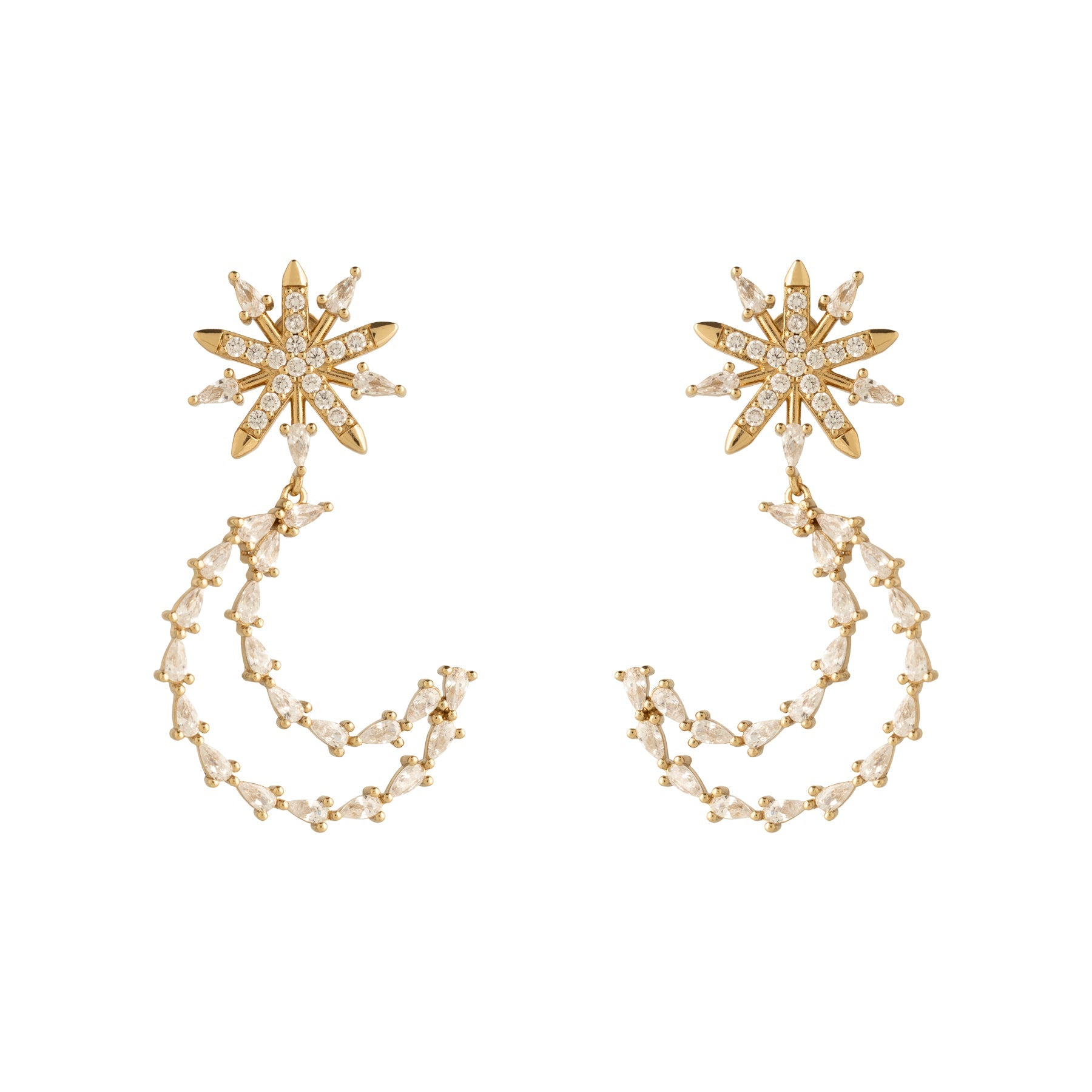 Crystal and Gold Moon Double Drop Earrings on Flat White Background