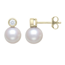 Round Stud Earrings | 14K Yellow Gold | 0.18 Carat Diamond/White Freshwater Pearl | 8mm - 9mm | H-I-I2-I3