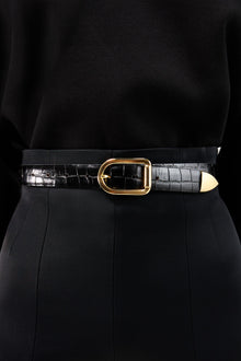 Mija Tip Belt | Black Croco & Gold