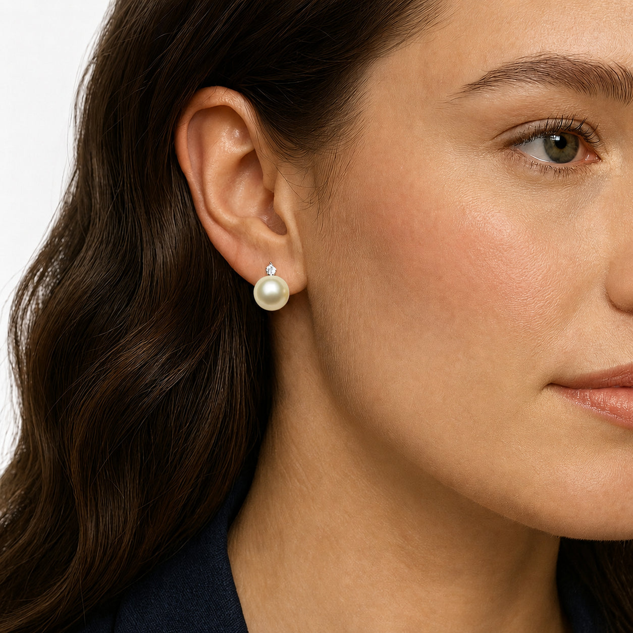 Round Golden Stud Earrings | 14K Yellow Gold | 1/10 Carat Lab Grown Diamond/South Sea Pearl | 9mm - 10mm | G-SI