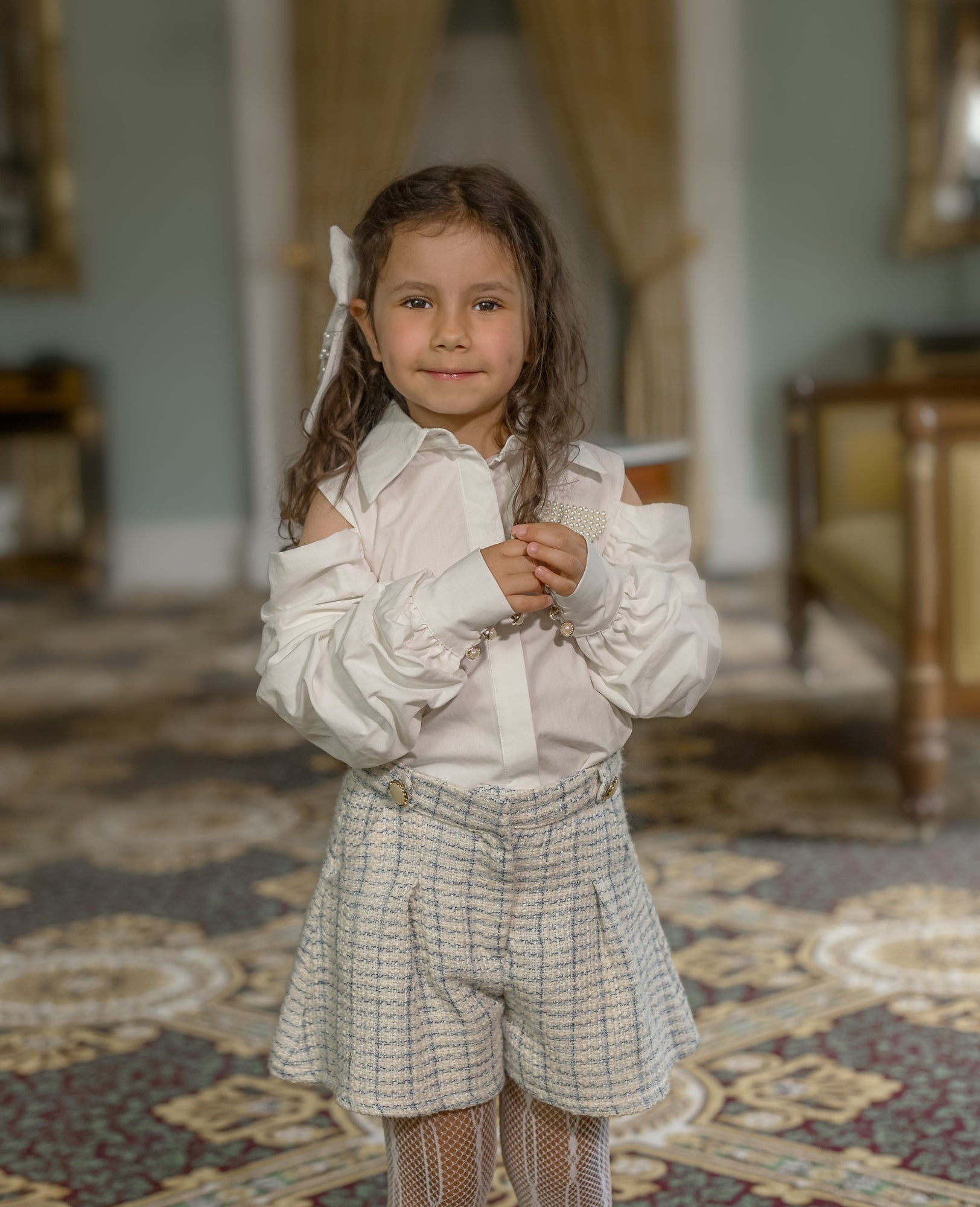 Iris Blouse and Tweed Shorts Set | White/ Blue