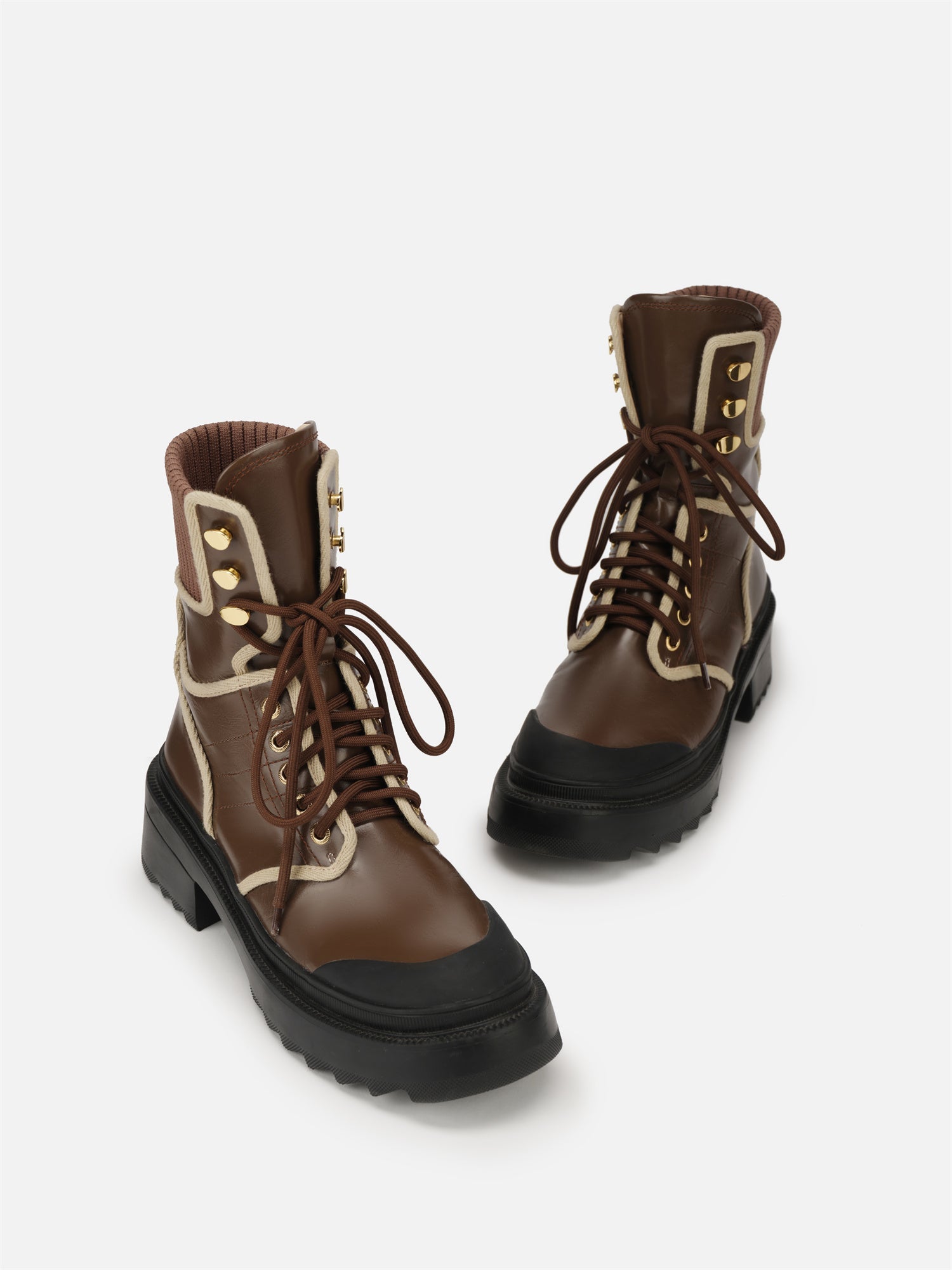 Knit Cuffs Combat Boots | Brown