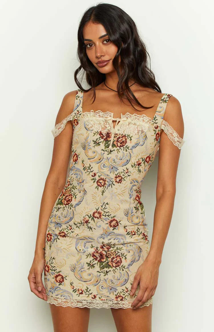 Daydreaming Tapestry Mini Dress | Beige