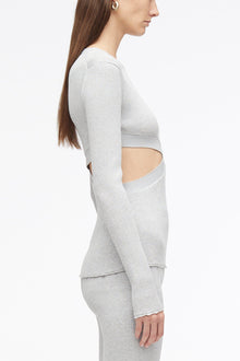 Marled Lurex Crossover Cut Out Pullover | Light Grey Melange/Light Blue