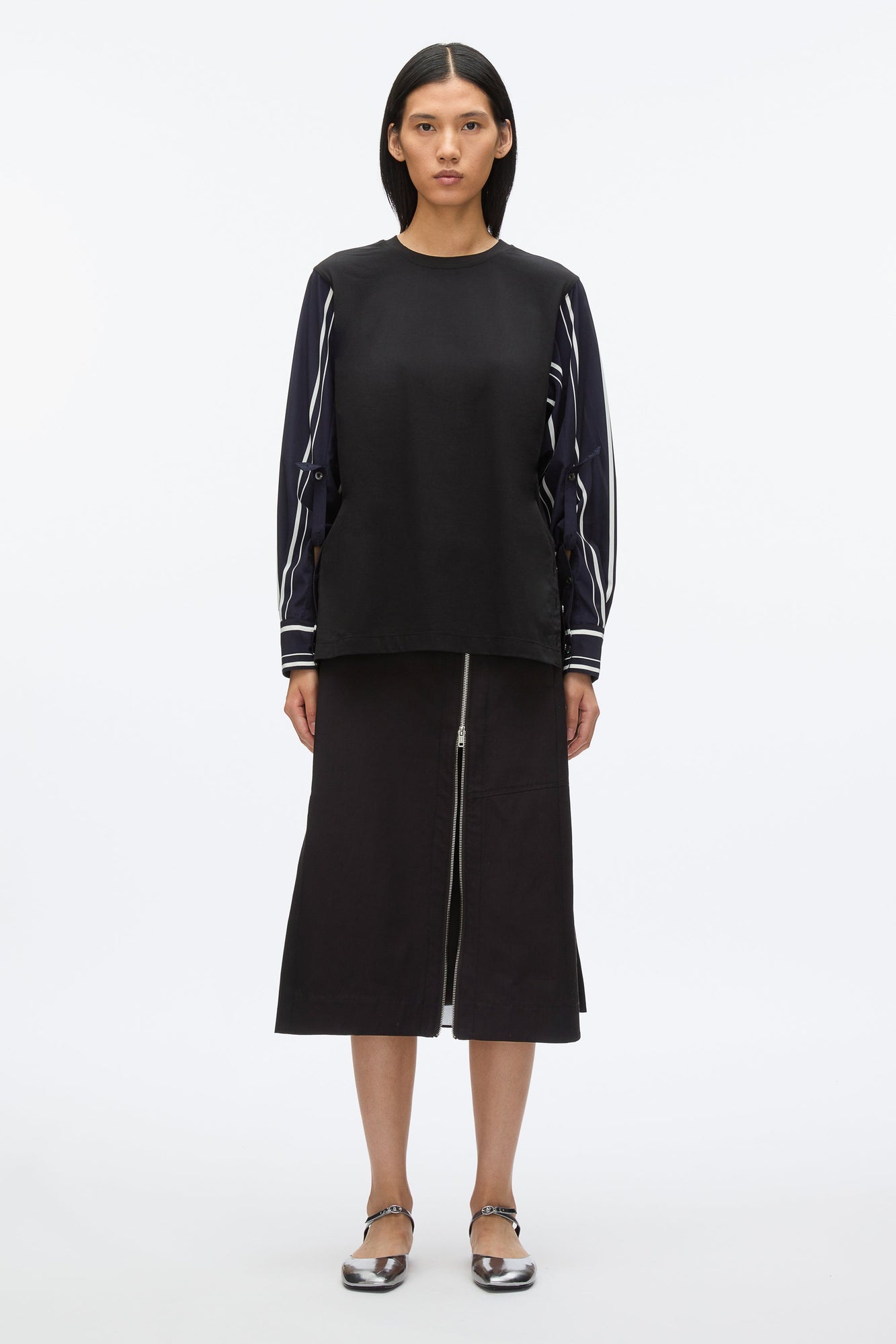 Long Sleeve Tee with Stripe Shirting Sleeves | Black/Midnight