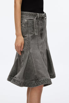 Flounce Hem Belted Denim Skirt | Washed Grey