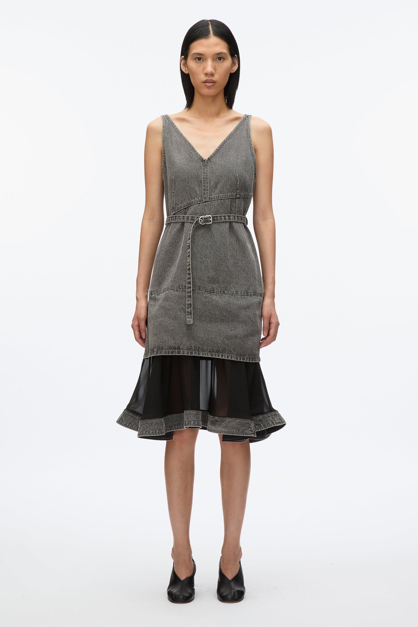 Denim V-Neck Dress with Chiffon Hem | Washed Grey