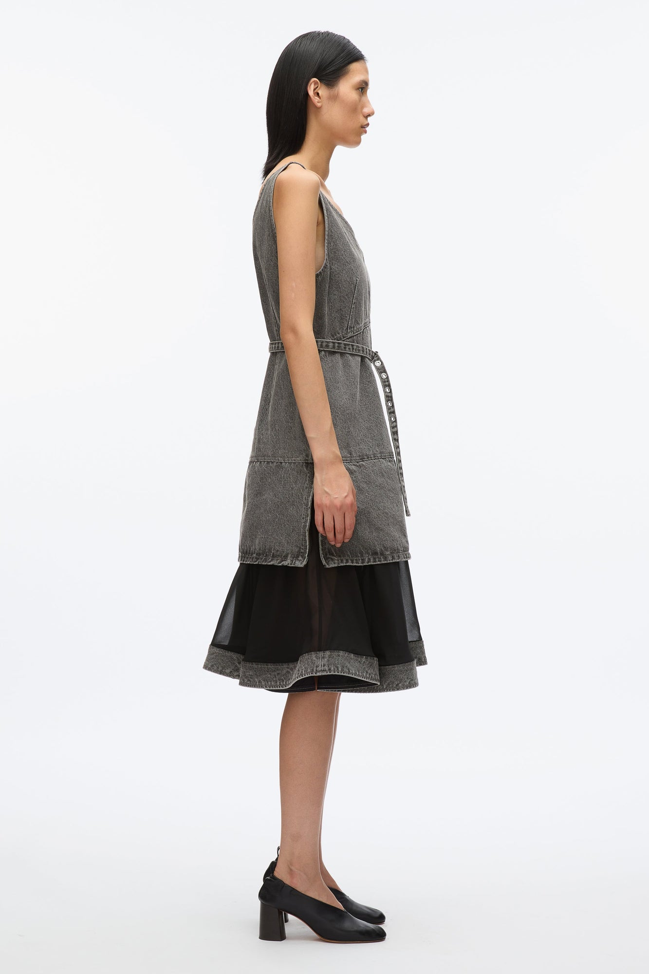 Denim V-Neck Dress with Chiffon Hem | Washed Grey