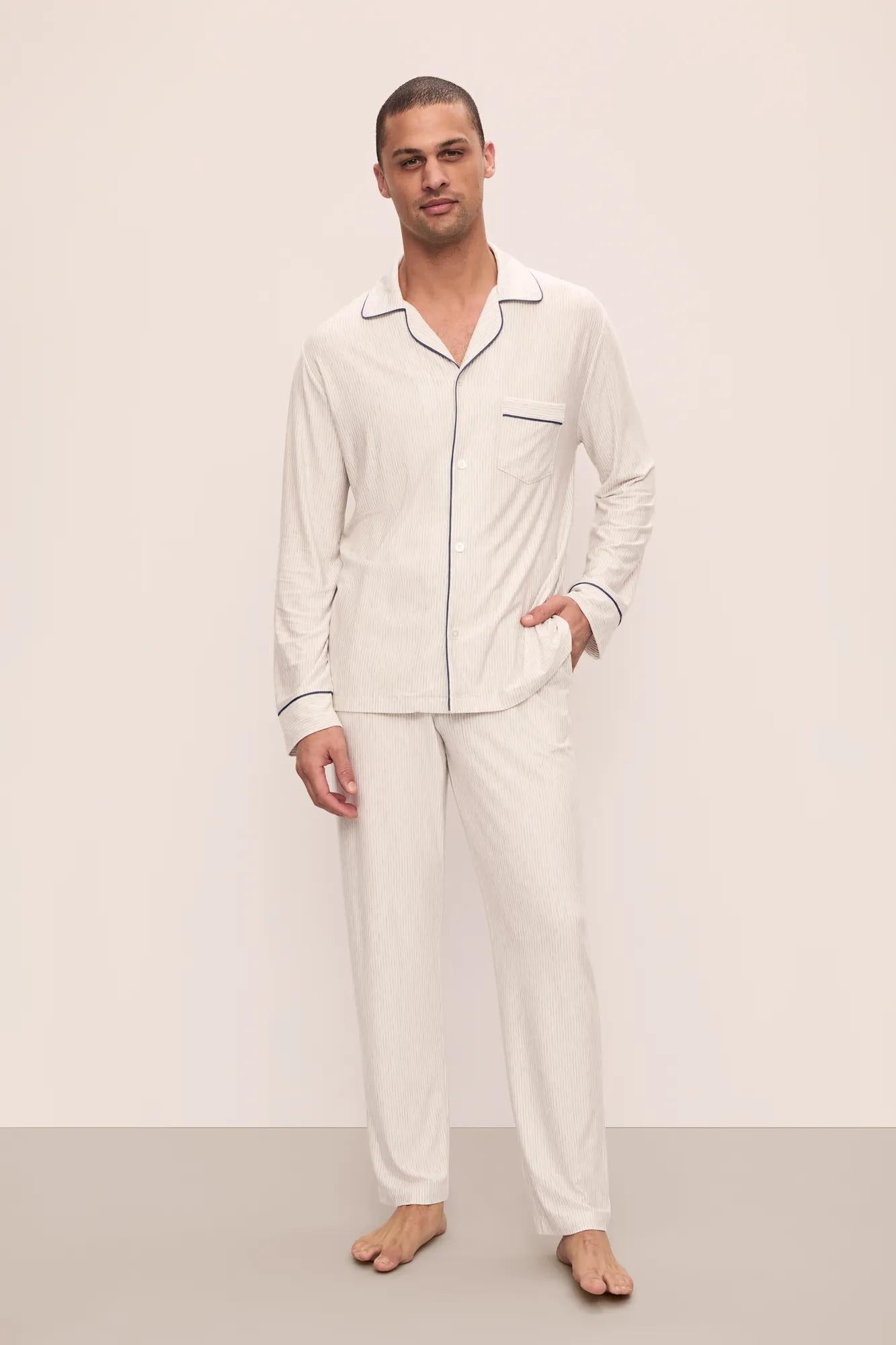 Model is wearing William Printed TENCEL Modal Long PJ Set in Heritage Stripe Light Heather Grey/Peppercorn