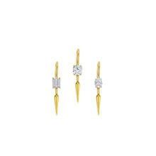 14k gold Single Diamond Drop Earrings in emerald, oval and cushion cut on a white background