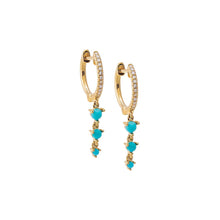 Turquoise Diamond Pave X Turquoise Triple Drop Huggie Earring 14K - Adina's Jewels