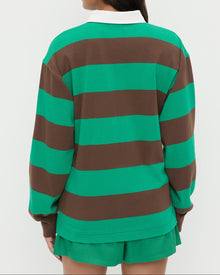 Evan Rugby Shirt in green and brown striped cotton and Cole Short in green cotton.