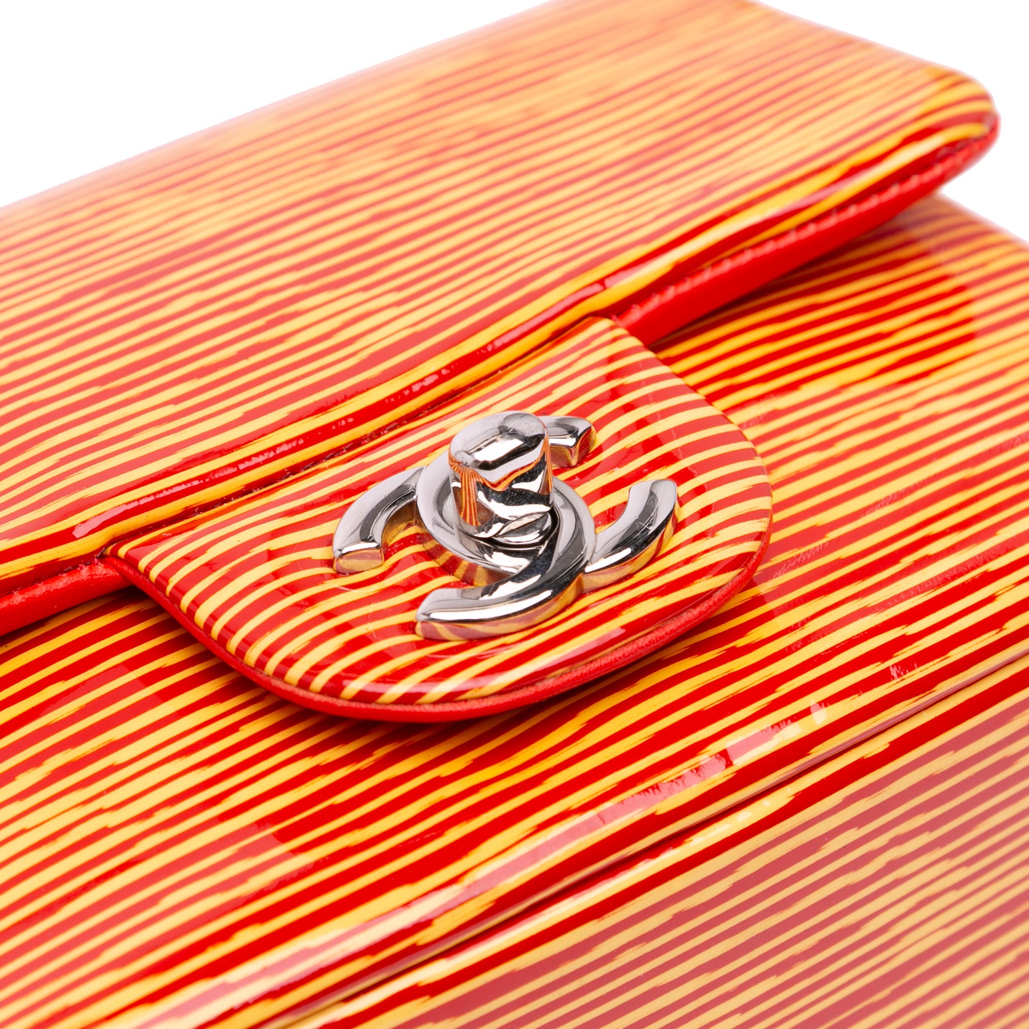 Chanel | Pre-Owned Mini Square Classic Patent Striped Single Flap | Orange