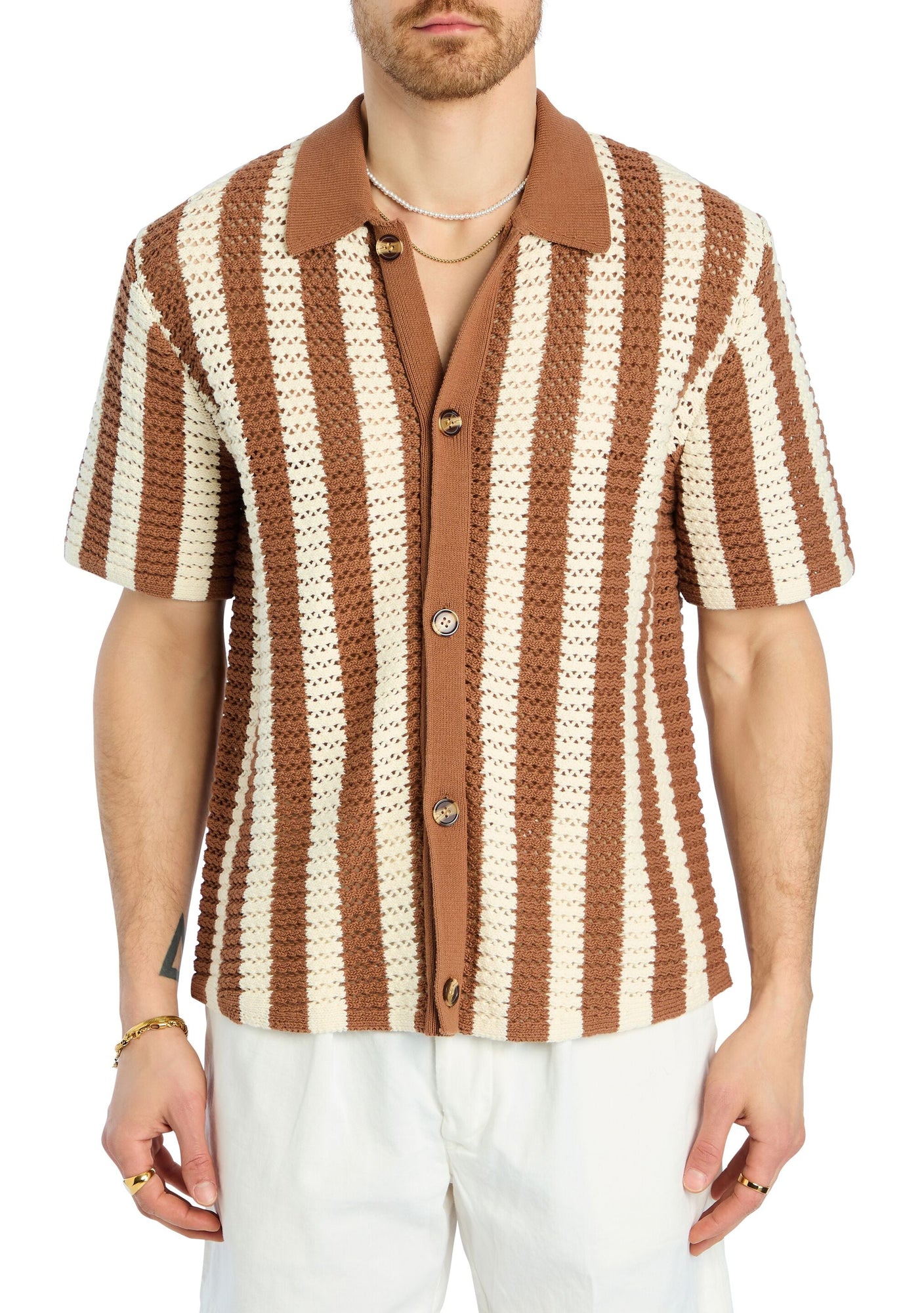 Men | Maximus Crochet Button Down | Terracotta/Eggshell