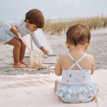 Girls | Pale Blue Ocean Adventure Baby Ruffle Swimsuit | Blue