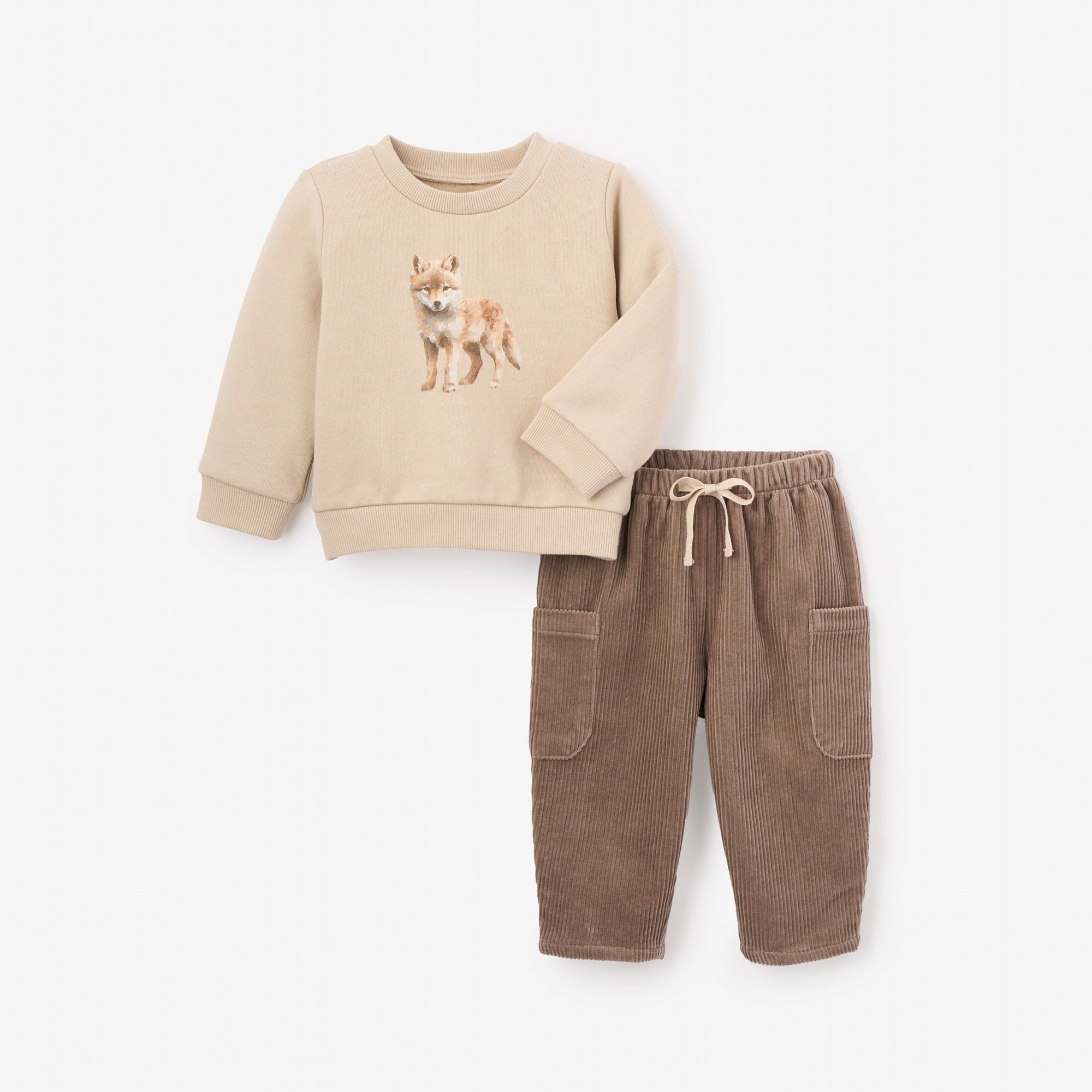 Boys | Wolf Printed Organic Fleece Sweatshirt + Cargo Pant Set | Brown