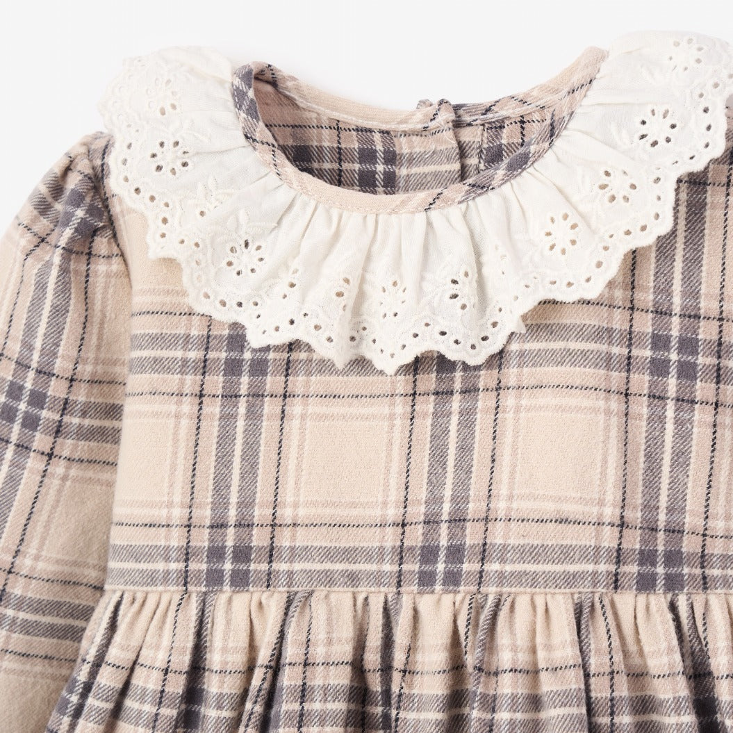 Girls | Neutral Plaid Eyelet Collared Dress + Bloomer | Gray