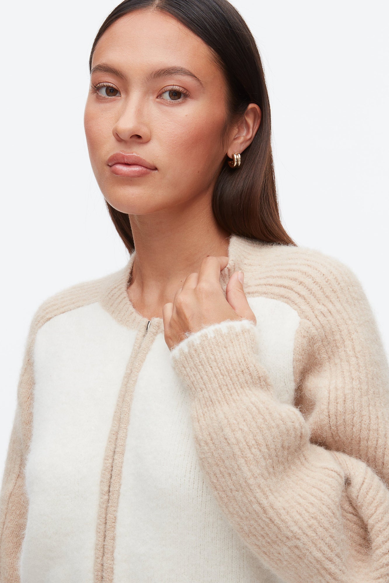 Colorblock Zip Cardigan | Ivory/Beige