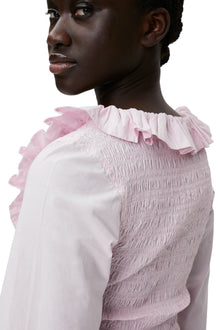 Cotton Poplin Open-neck Smock Blouse | Light Lilac