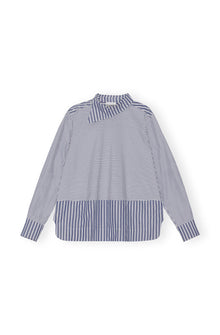 Stripe Cotton Asymmetrical Collar Shirt | Gray Blue