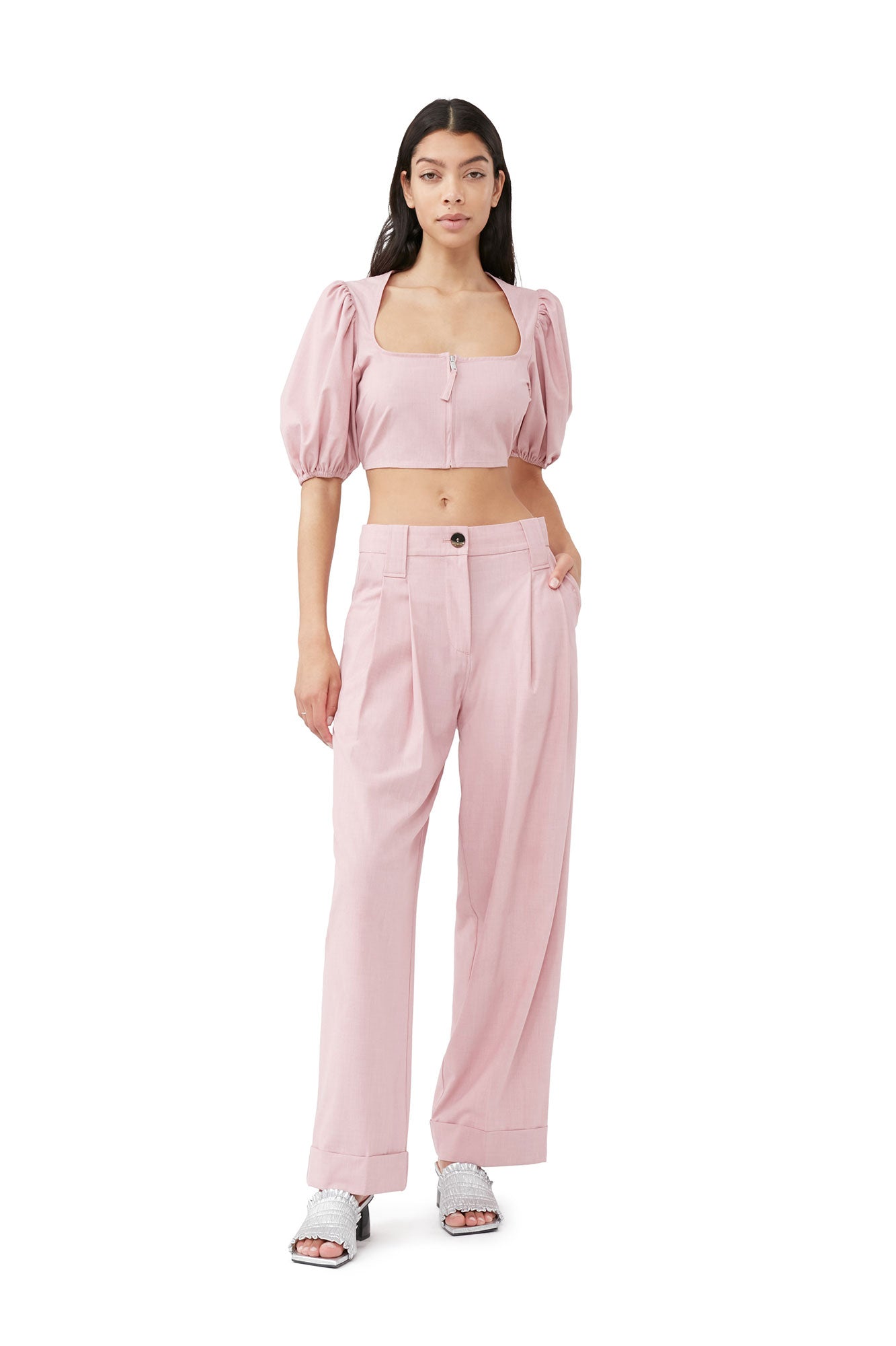 Drapey Melange Cropped Zipper Blouse | Pink Tulle