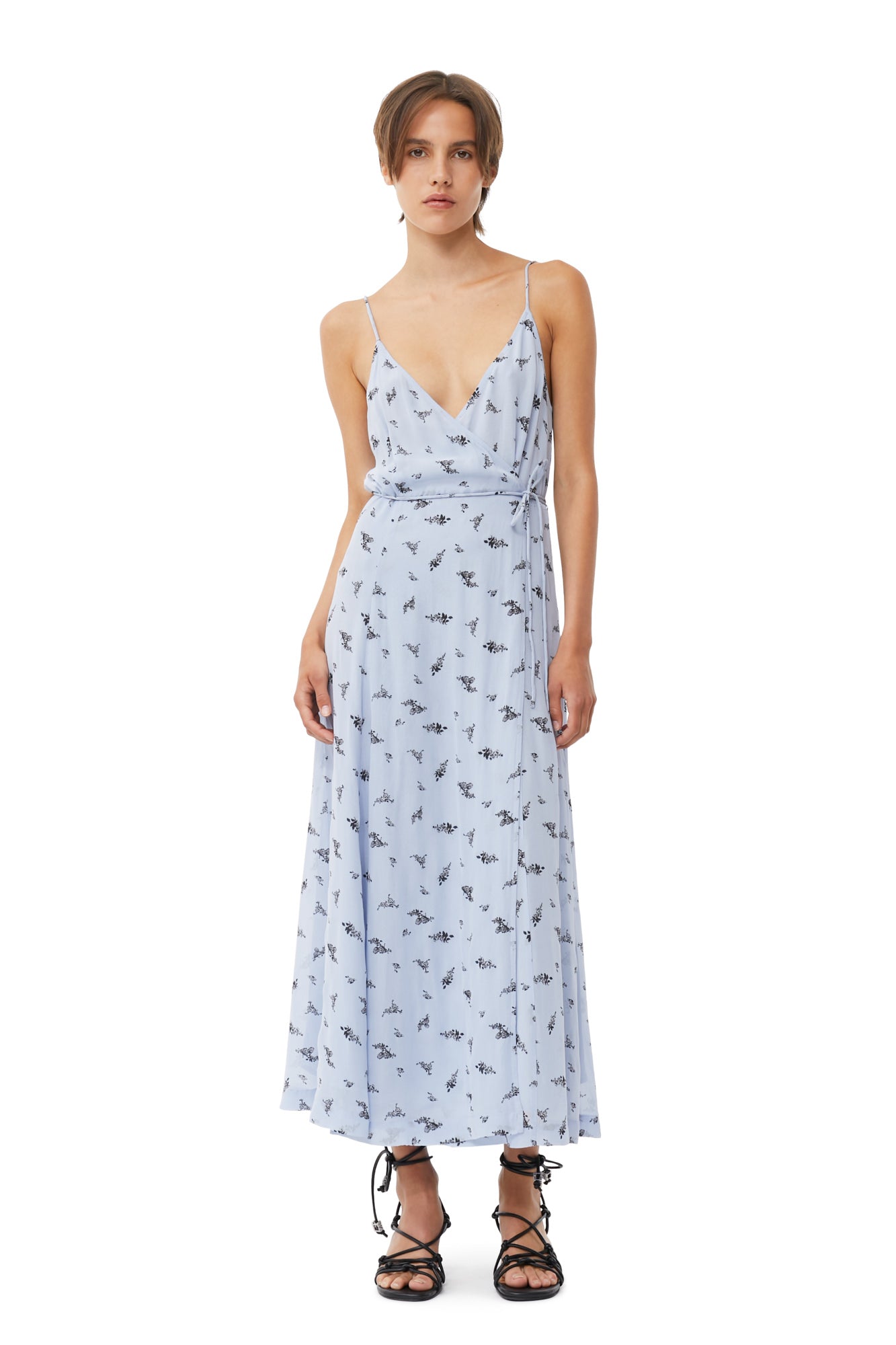 Printed Georgette Strap Wrap Dress | Brunnera Blue