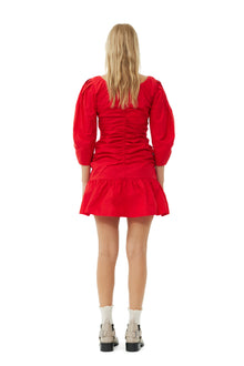 Cotton Poplin Gathered U-neck Mini Dress | Racing Red