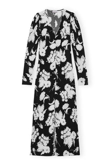 Printed Crepe V-neck Dress | Black