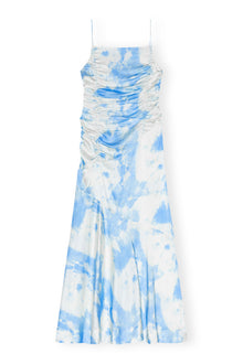 Printed Satin Ruched Long Slip Dress | Powder Blue