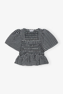 Seersucker Check Open-neck Smock Blouse | Egret