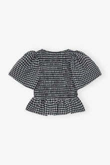 Seersucker Check Open-neck Smock Blouse | Egret