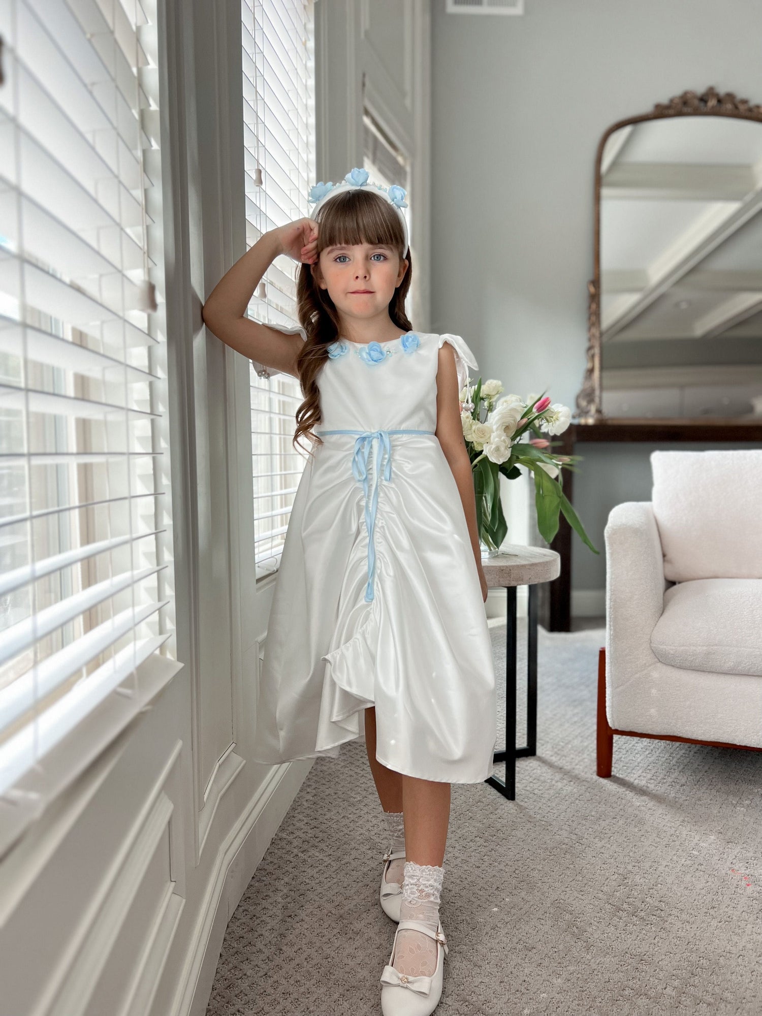 Daphne White Satin Dress with Blue Embroidery | Blue