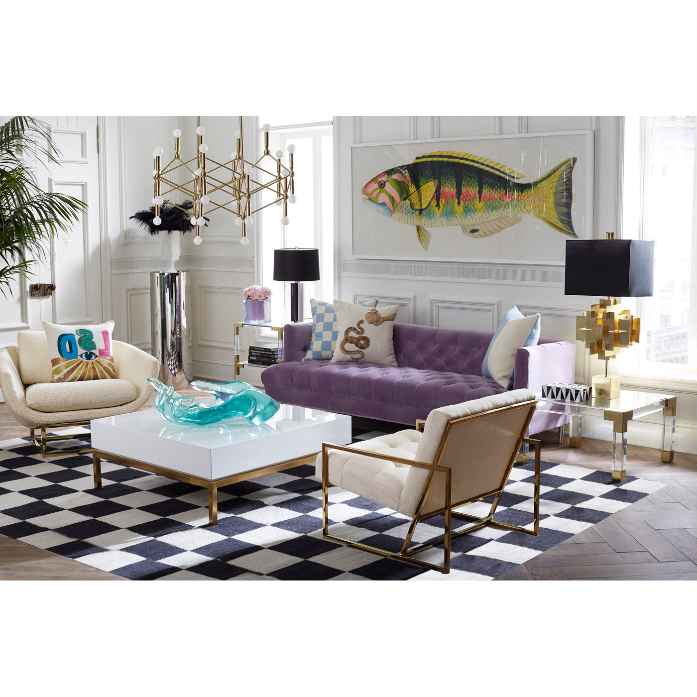 alphaville pedestal baxter t-arm sofa peking cocktail table living room - styled view