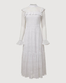 Crochet Lace Ruffle Dress | White