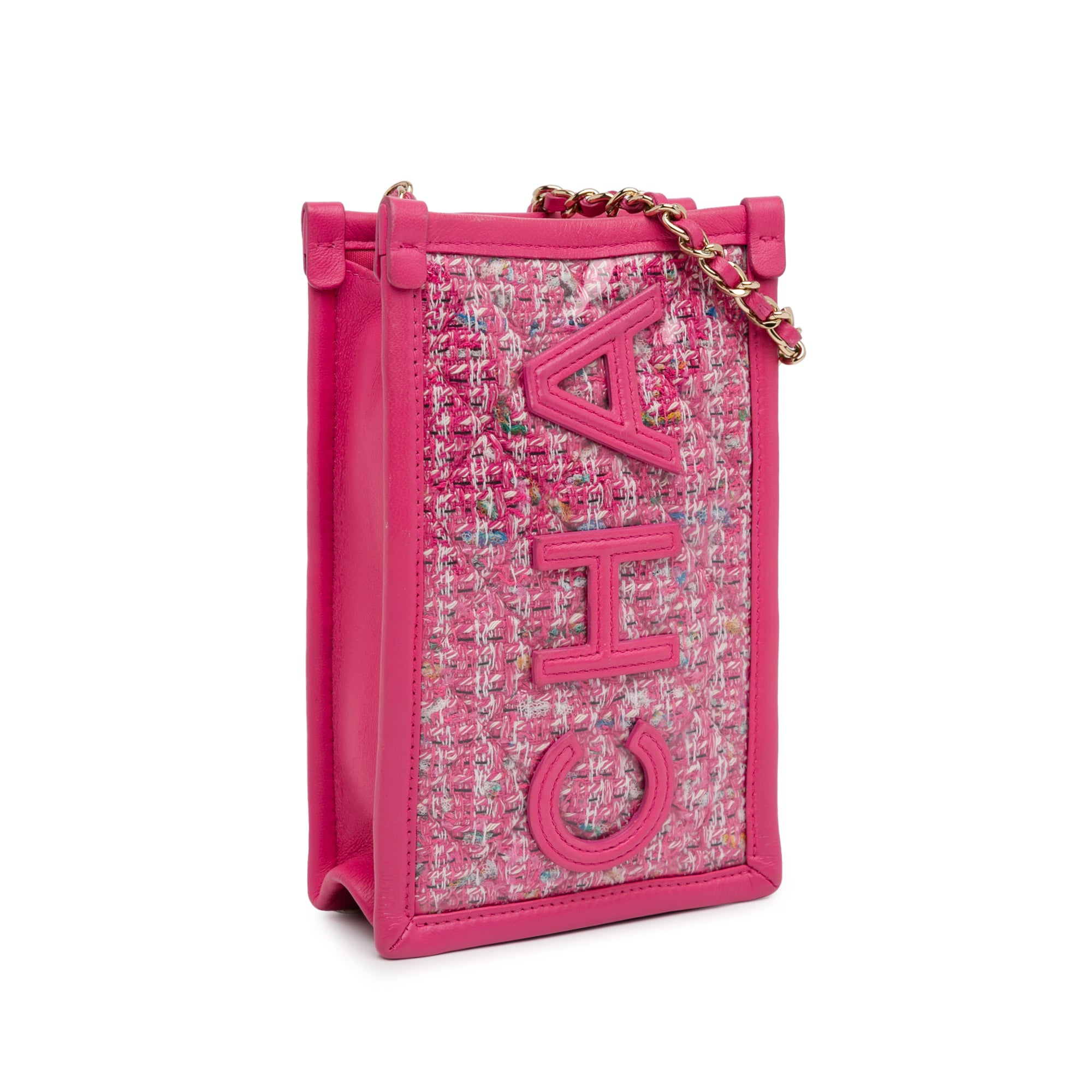 Chanel | Pre-Owned Tweed and PVC Phone Clutch with Chain | Pink