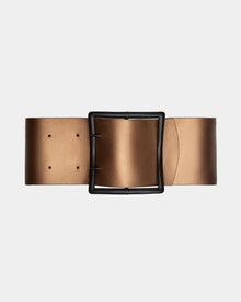 The Rudsak ALLEA - 8424506 Antique Bronze is a wide women’s brown leather waist belt with a bold black rectangular buckle, shown on a plain white background.