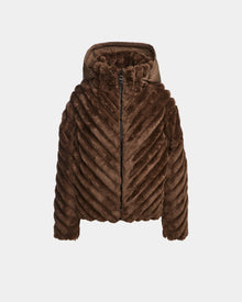 The ANASTASIA - 8124804 Espresso by Rudsak is a brown faux fur winter jacket with a hood, front zipper, diagonal ribbed texture, and long sleeves. It boasts a plush, soft look and is photographed on a plain white background.