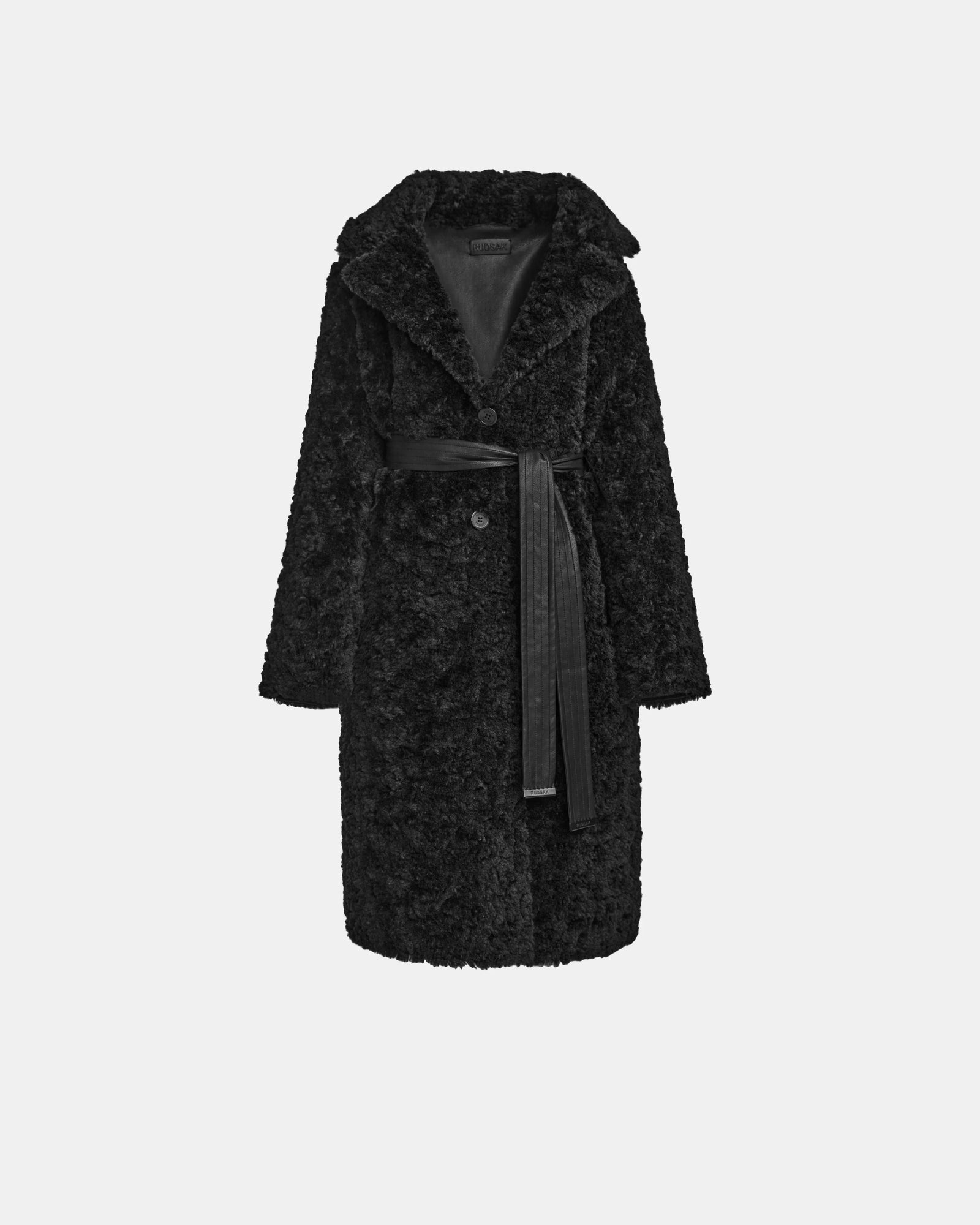 The ANNABELLE - L124544 Black by Rudsak is a women's long, textured black reversible teddy coat featuring a wide collar, two front buttons, and a black waist belt, shown against a plain white background.