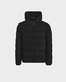 The Rudsak DEMIAN M-R - M123504 Black is a mens down puffer jacket in recycled matte fabric with a front zipper, side pockets, and hood, shown against a plain white background.