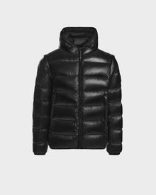 The DEMIAN S-R - M123505 Black by Rudsak is a mens hooded puffer crafted with RDS-certified down, featuring a front zipper and side pockets, shown against a plain white background.