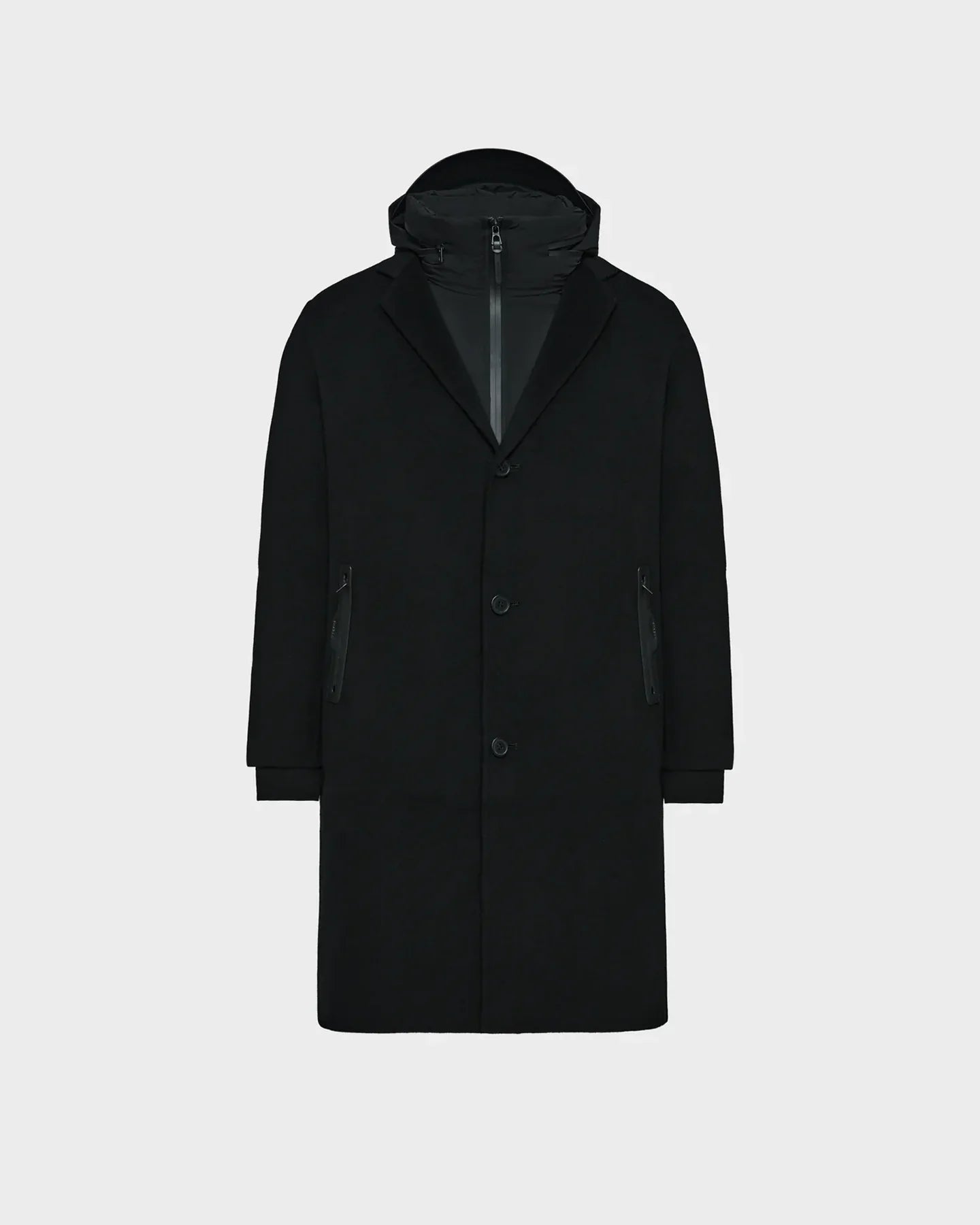 The Rudsak DRAL - 6124503 Black is a men’s wool jacket with a hood, featuring a versatile 2-in-1 design for comfort and warmth.