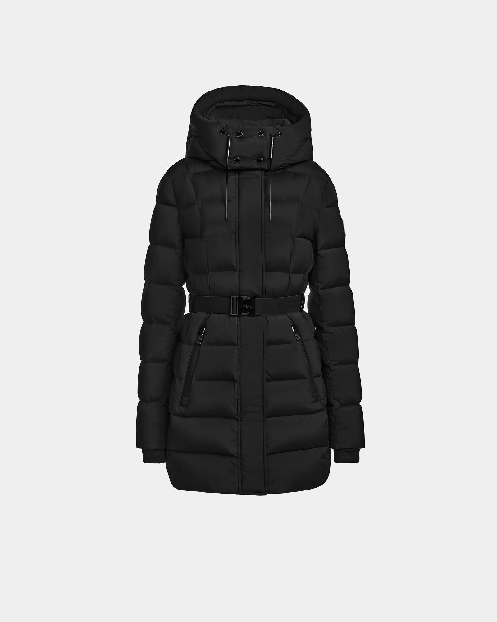 The FRIDA M - L124524 Black by Rudsak is a black, knee-length quilted down jacket with a removable hood, front zipper, belted waist, and two front pockets, shown against a plain light background.