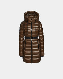 The FRIDA S - L123513 Light Olive by Rudsak is a shiny women's mid-length down jacket with a removable hood, black zipper, two front zip pockets, and a black belt at the waist, shown on a plain white background.
