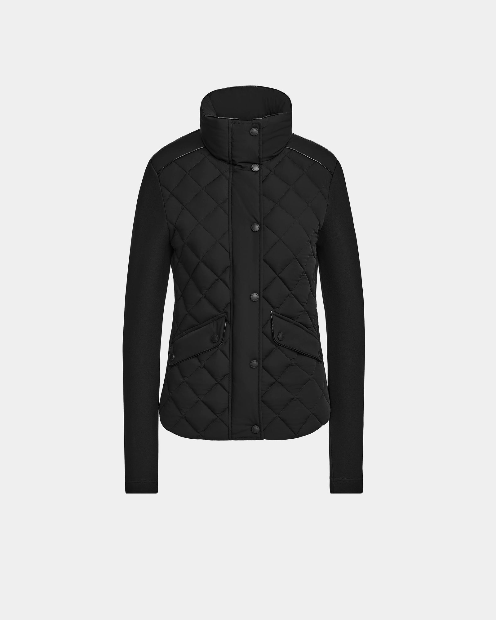 The Rudsak KARMA - L124503 Black womens matte light jacket features quilted detailing for sustainable warmth, a high collar, snap buttons, and zippered side pockets—ideal for transitional weather. Shown on a plain white background.